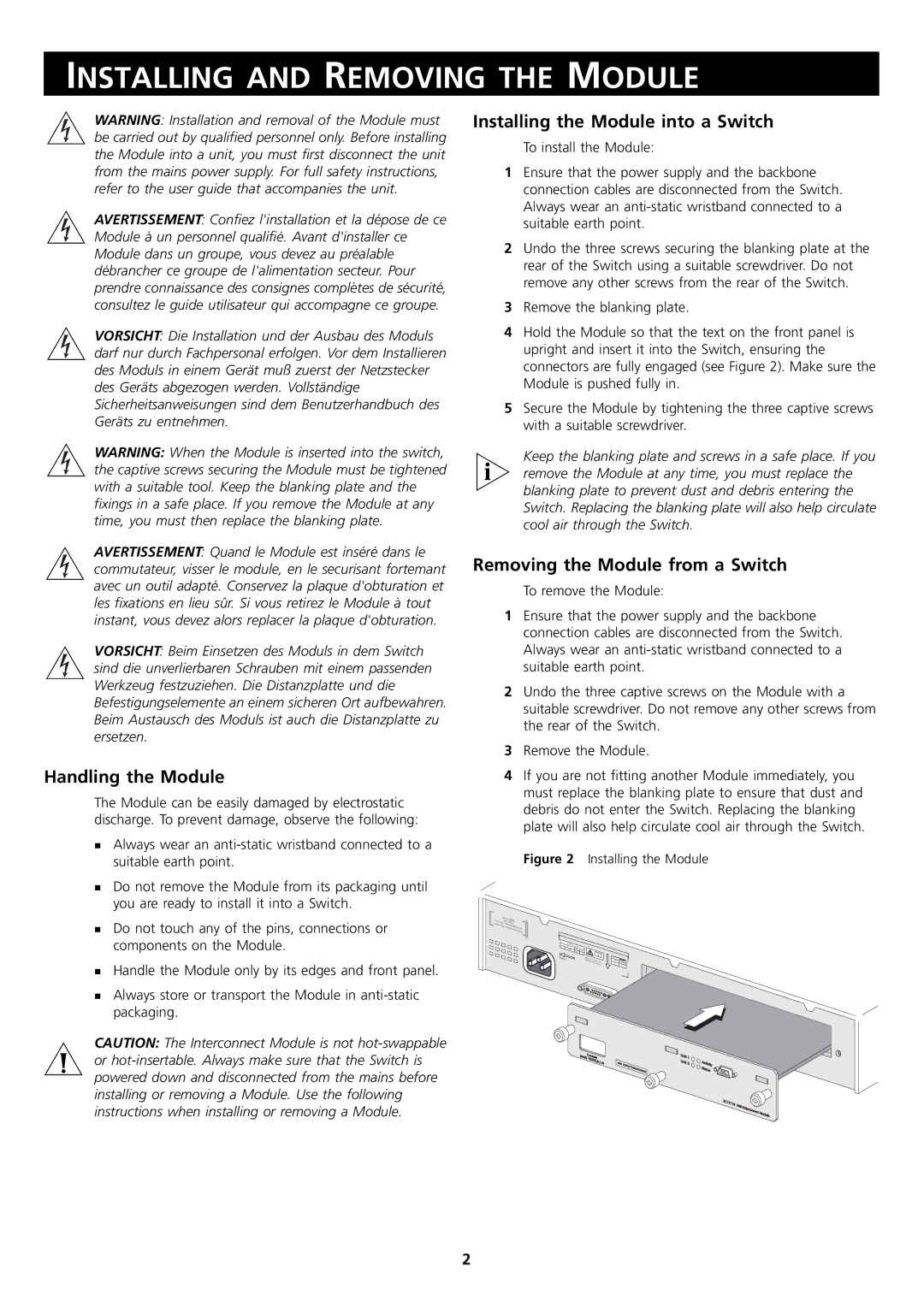 3Com DUA1771-5AAA02, 3C17715 Installing and Removing the Module, Handling the Module, Installing the Module into a Switch 