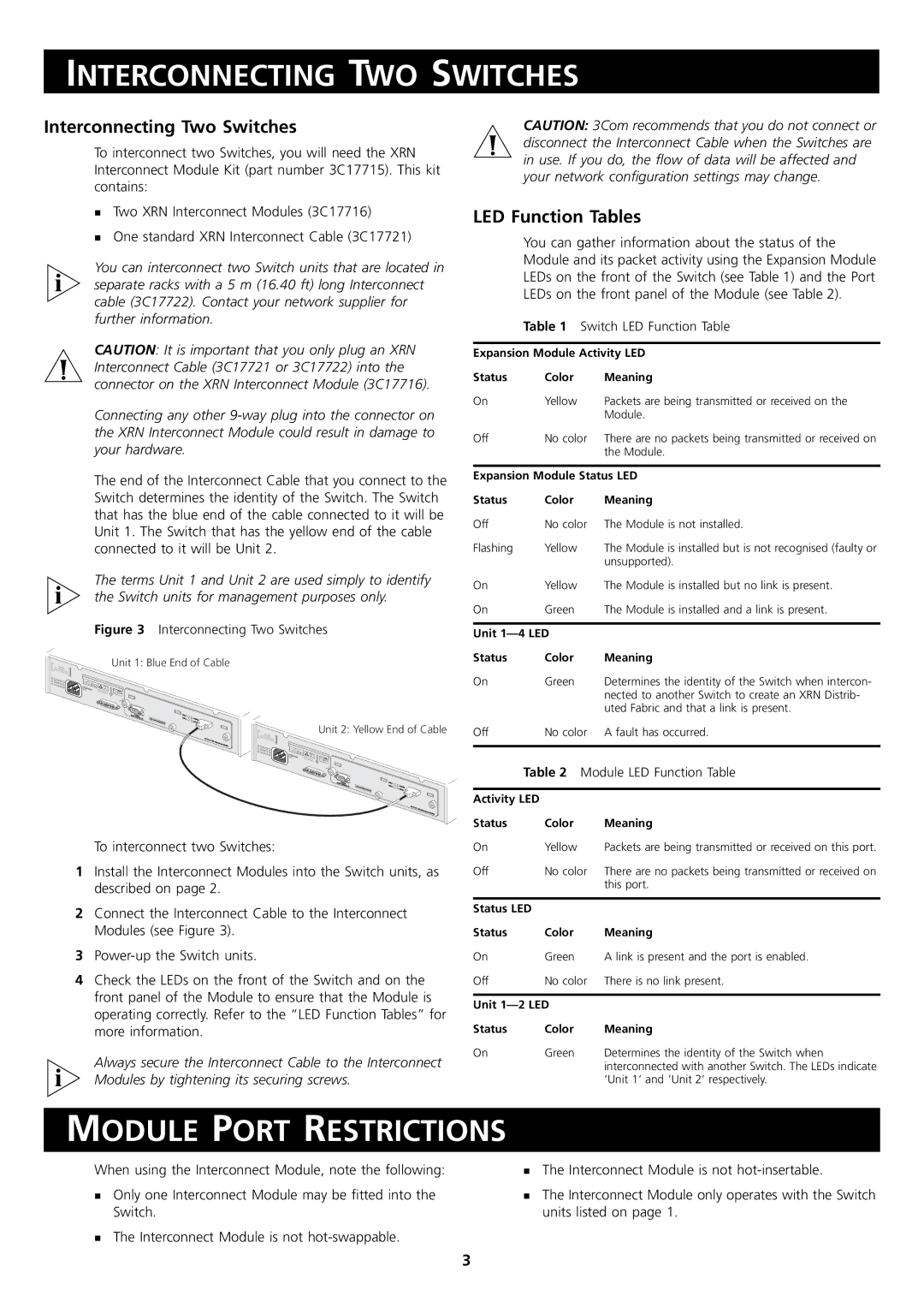 3Com 3C17715 Interconnecting TWO Switches, Module Port Restrictions, Interconnecting Two Switches, LED Function Tables 