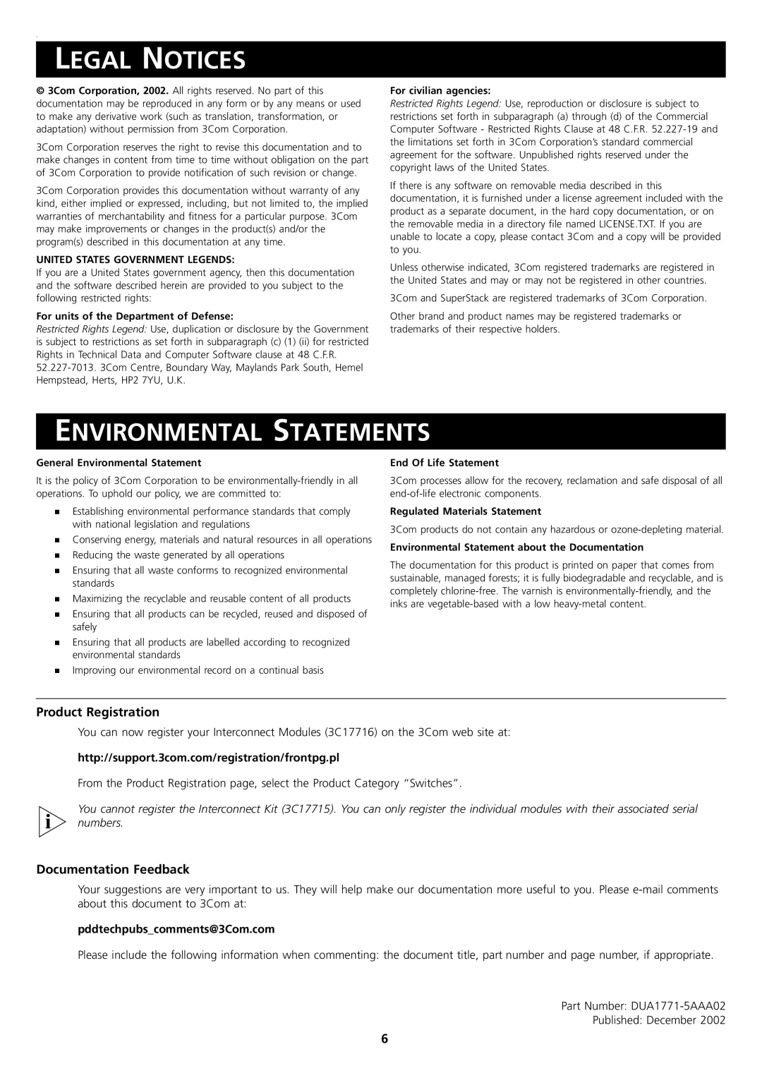 3Com 3C17715, 3C17716, DUA1771-5AAA02 Legal Notices, Environmental Statements, Product Registration, Documentation Feedback 