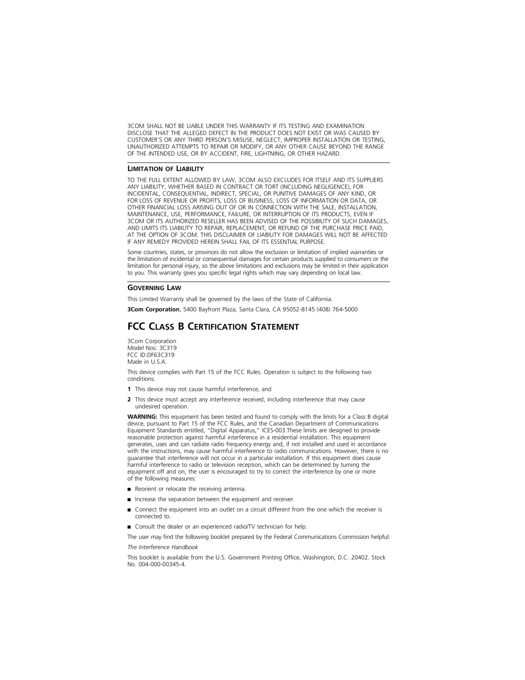 3Com 3C319 manual FCC Class B Certification Statement 