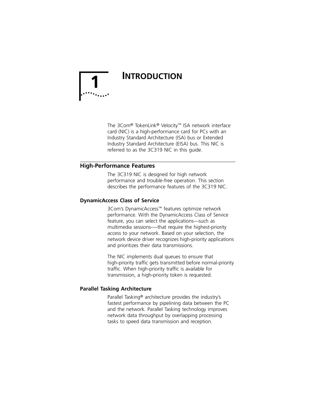 3Com 3C319 manual Introduction, High-Performance Features, DynamicAccess Class of Service, Parallel Tasking Architecture 