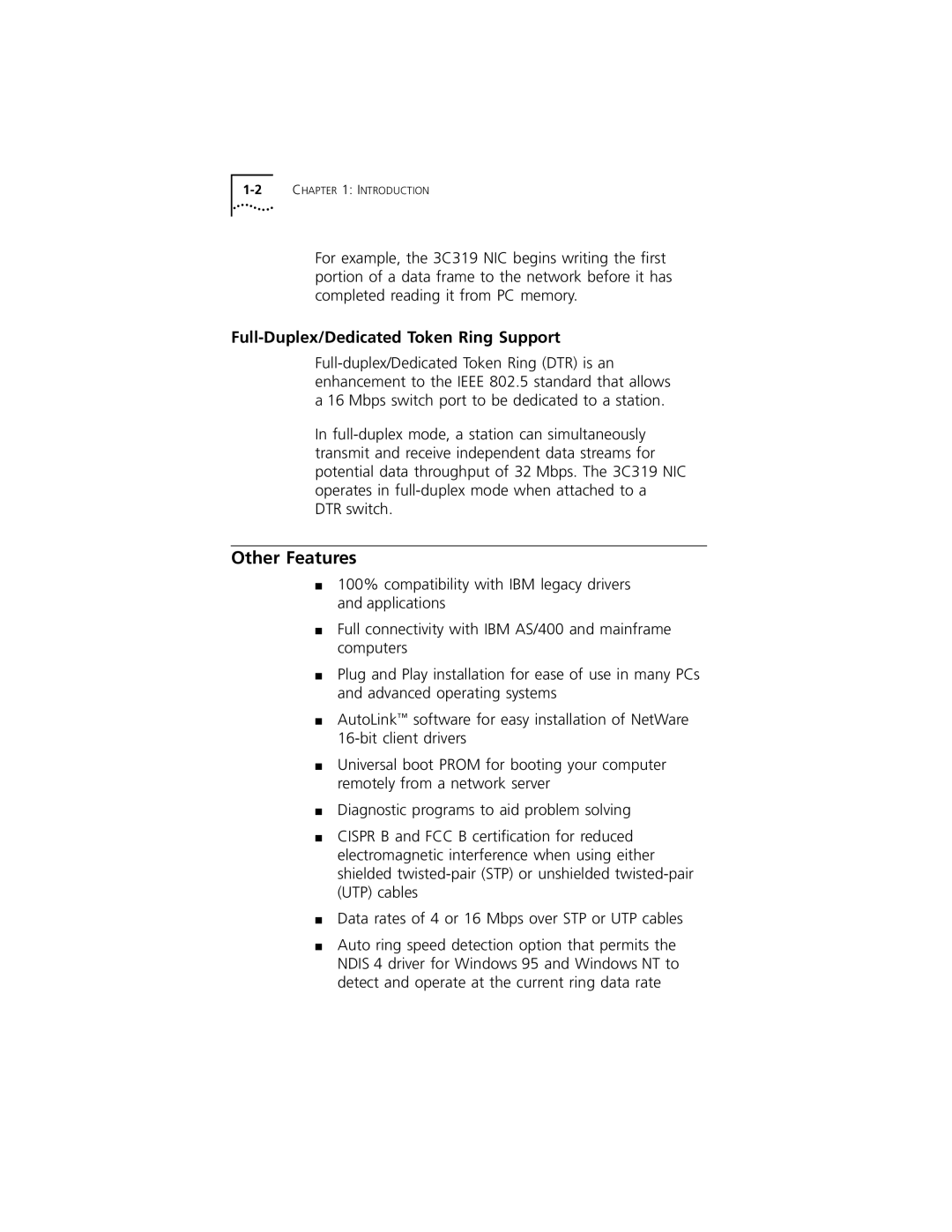 3Com 3C319 manual Other Features, Full-Duplex/Dedicated Token Ring Support 