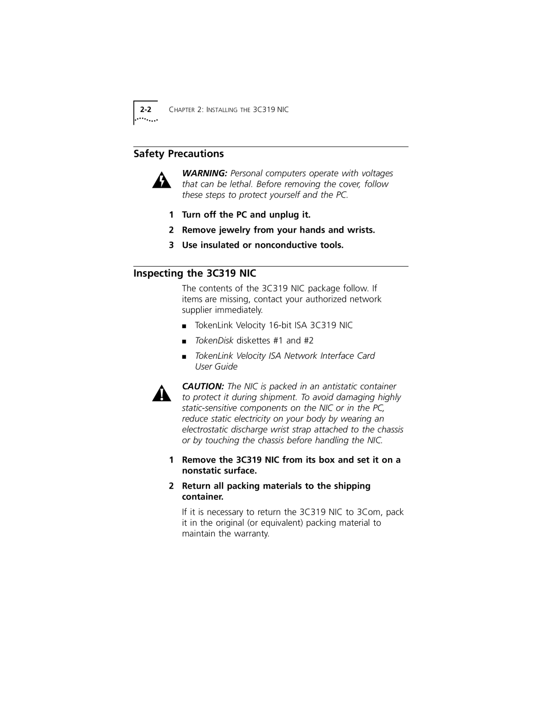 3Com manual Safety Precautions, Inspecting the 3C319 NIC 