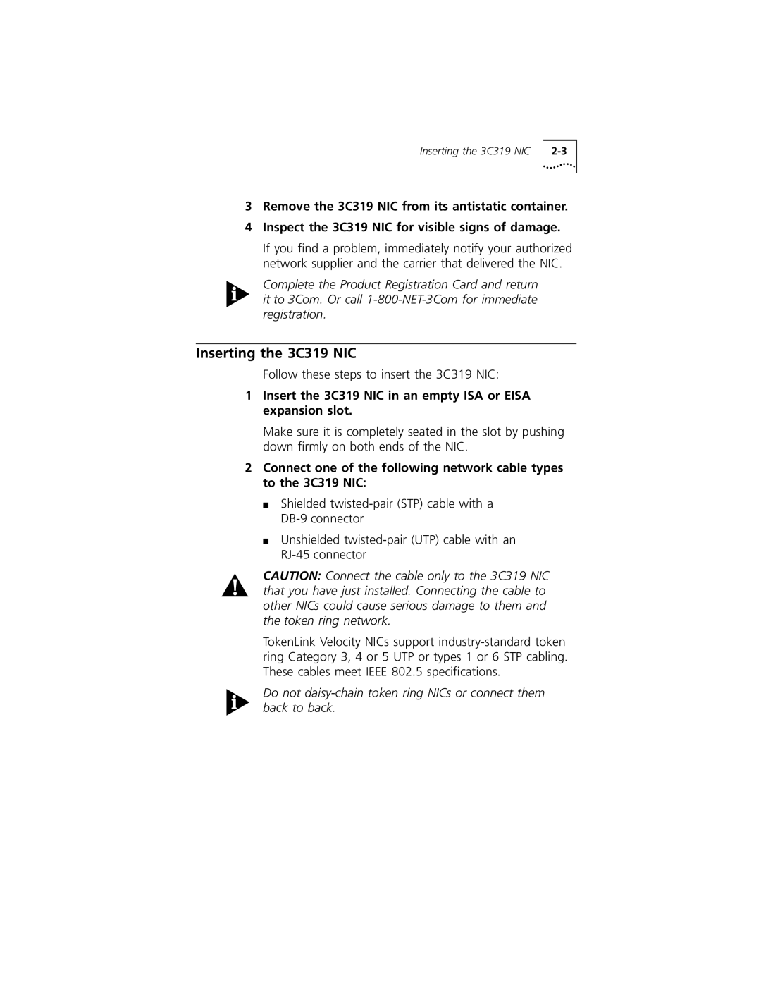 3Com manual Inserting the 3C319 NIC, Insert the 3C319 NIC in an empty ISA or Eisa expansion slot 