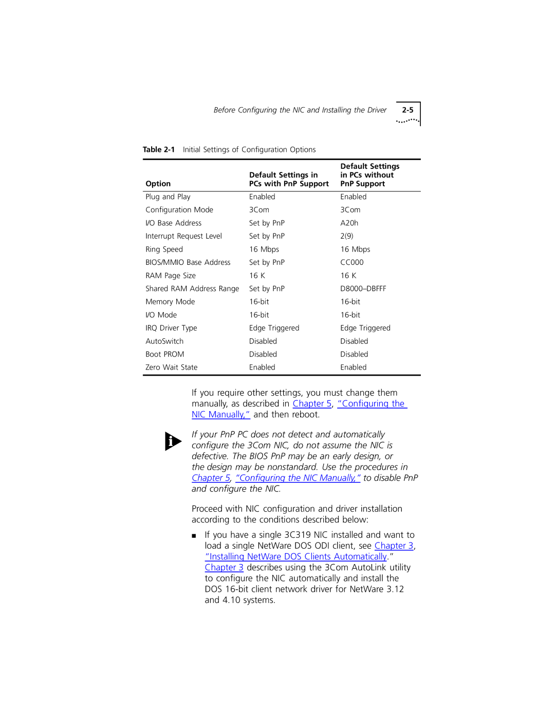 3Com 3C319 manual Default Settings PCs without Option PCs with PnP Support 