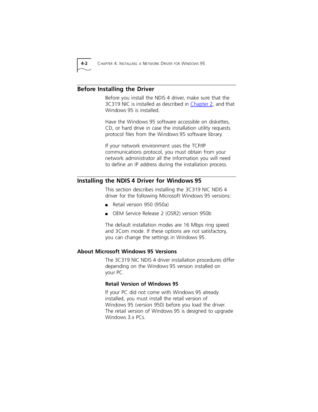 3Com 3C319 Before Installing the Driver, Installing the Ndis 4 Driver for Windows, About Microsoft Windows 95 Versions 