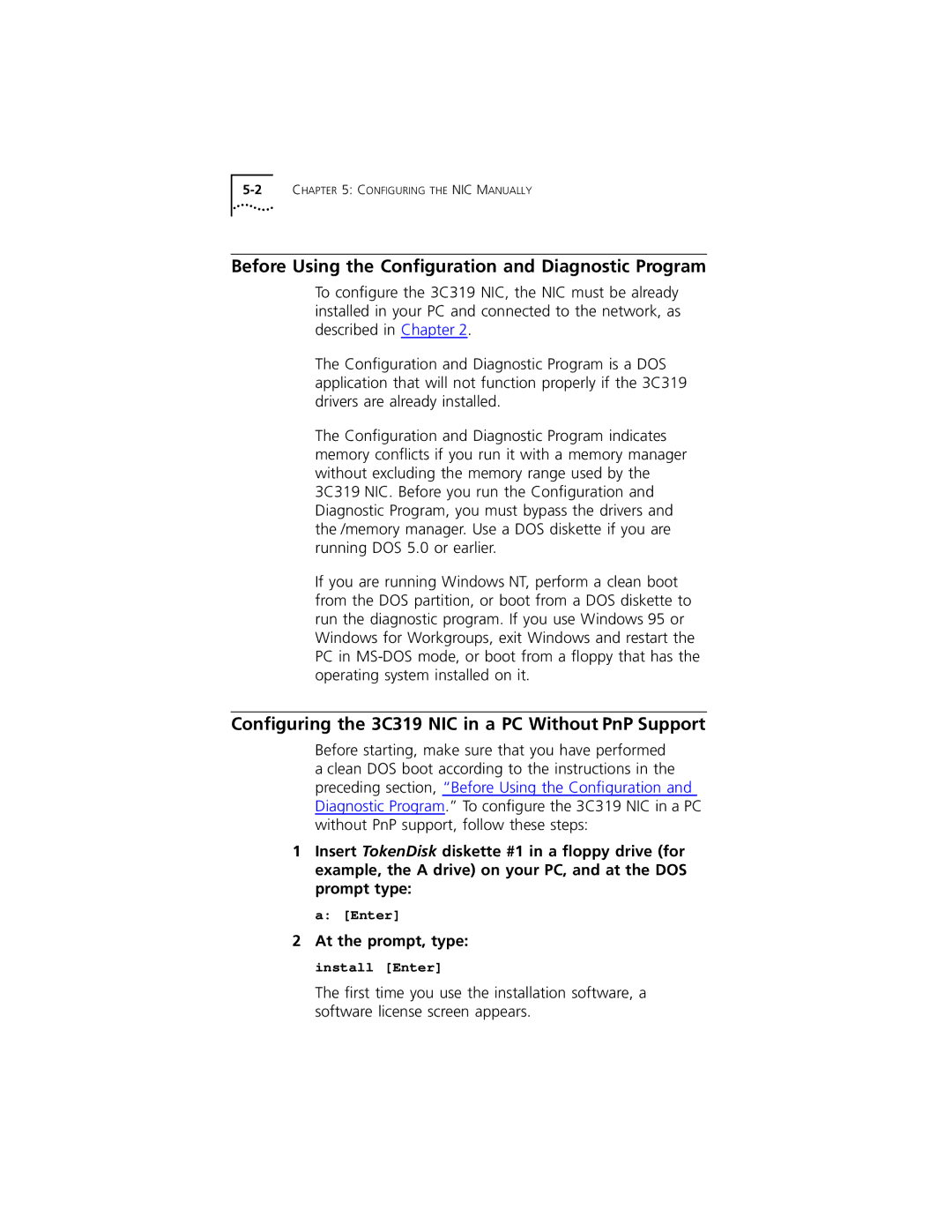 3Com manual Before Using the Conﬁguration and Diagnostic Program, Conﬁguring the 3C319 NIC in a PC Without PnP Support 