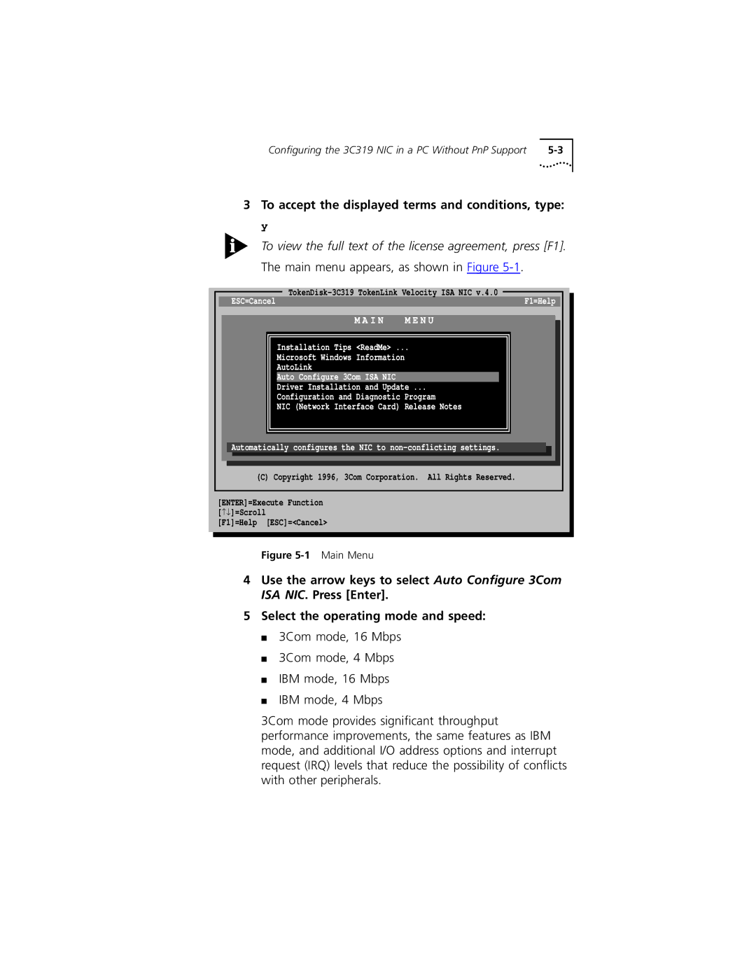 3Com 3C319 manual To accept the displayed terms and conditions, type y, Main Menu 