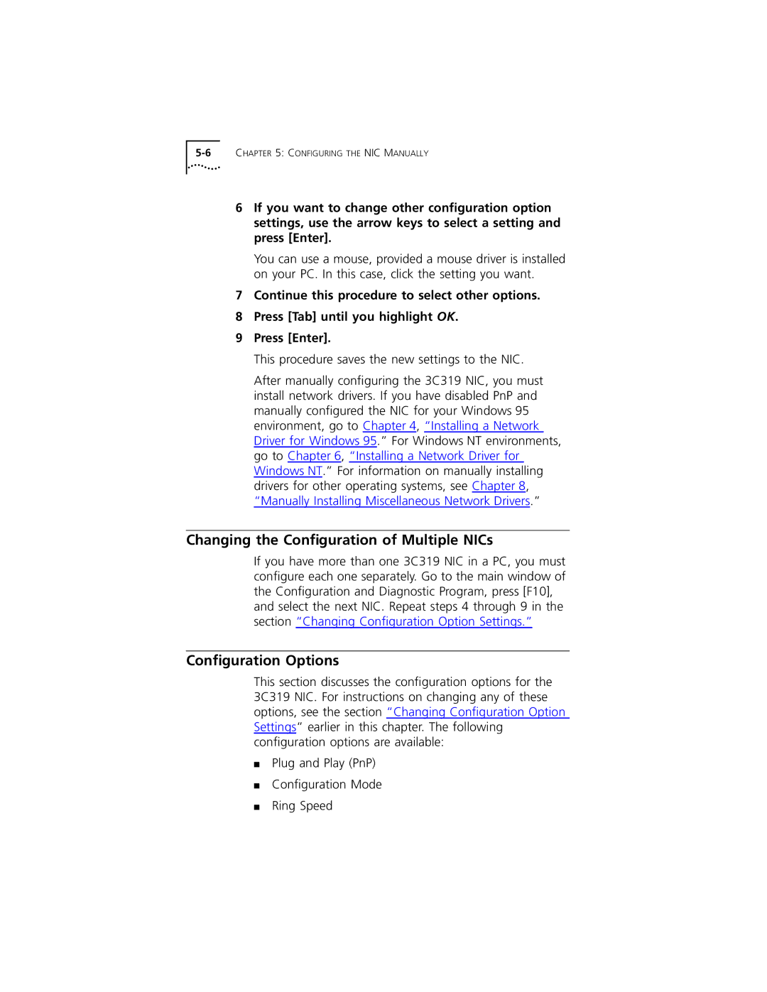 3Com 3C319 manual Changing the Conﬁguration of Multiple NICs, Conﬁguration Options 