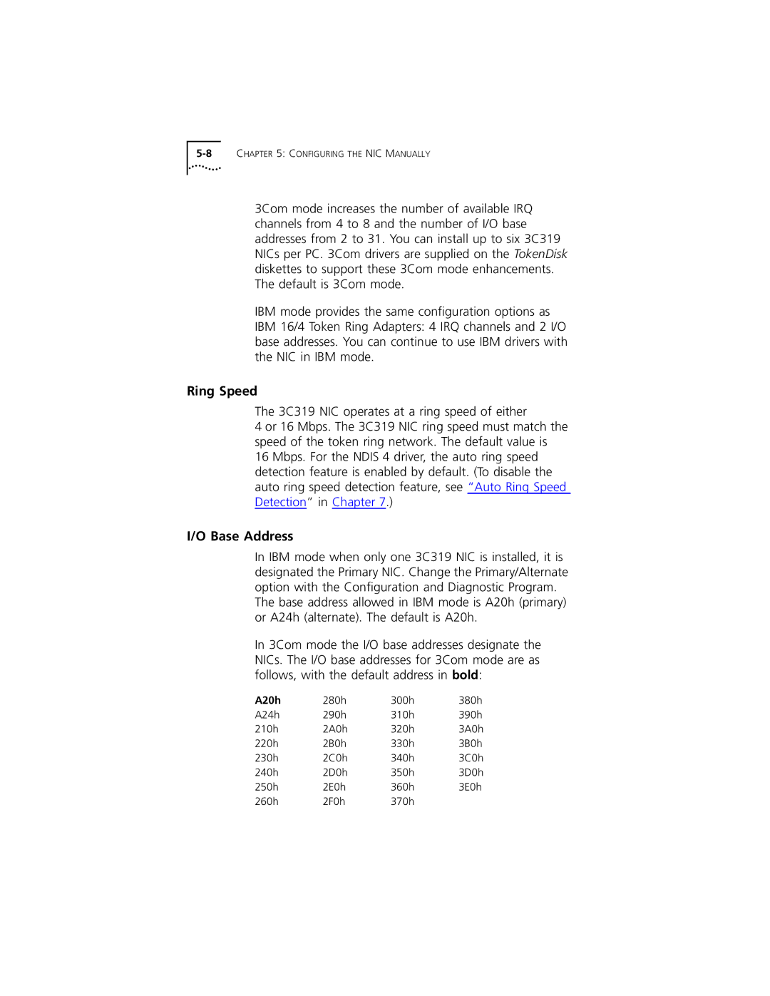 3Com 3C319 manual Ring Speed, Base Address, A20h 