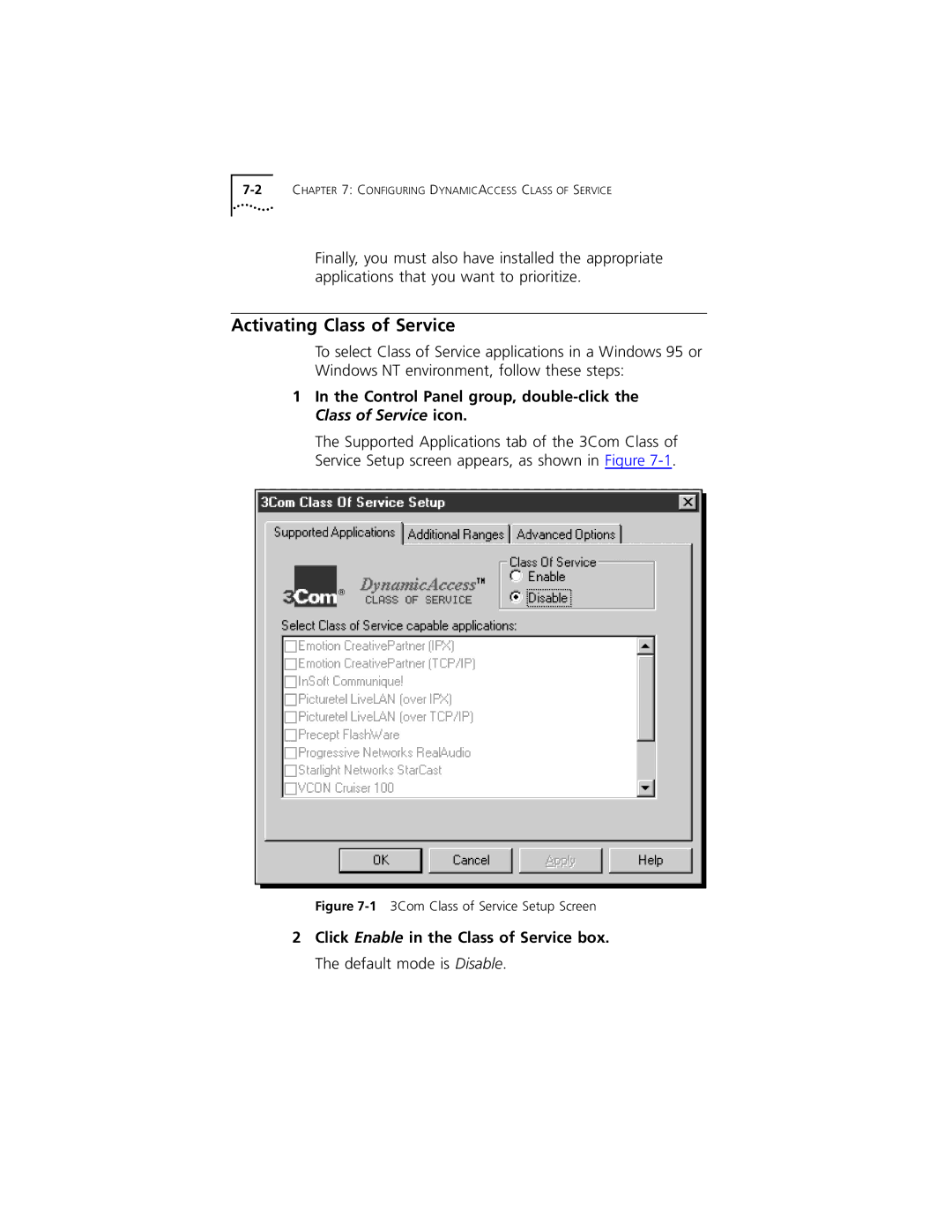 3Com 3C319 manual Activating Class of Service, Control Panel group, double-click the Class of Service icon 