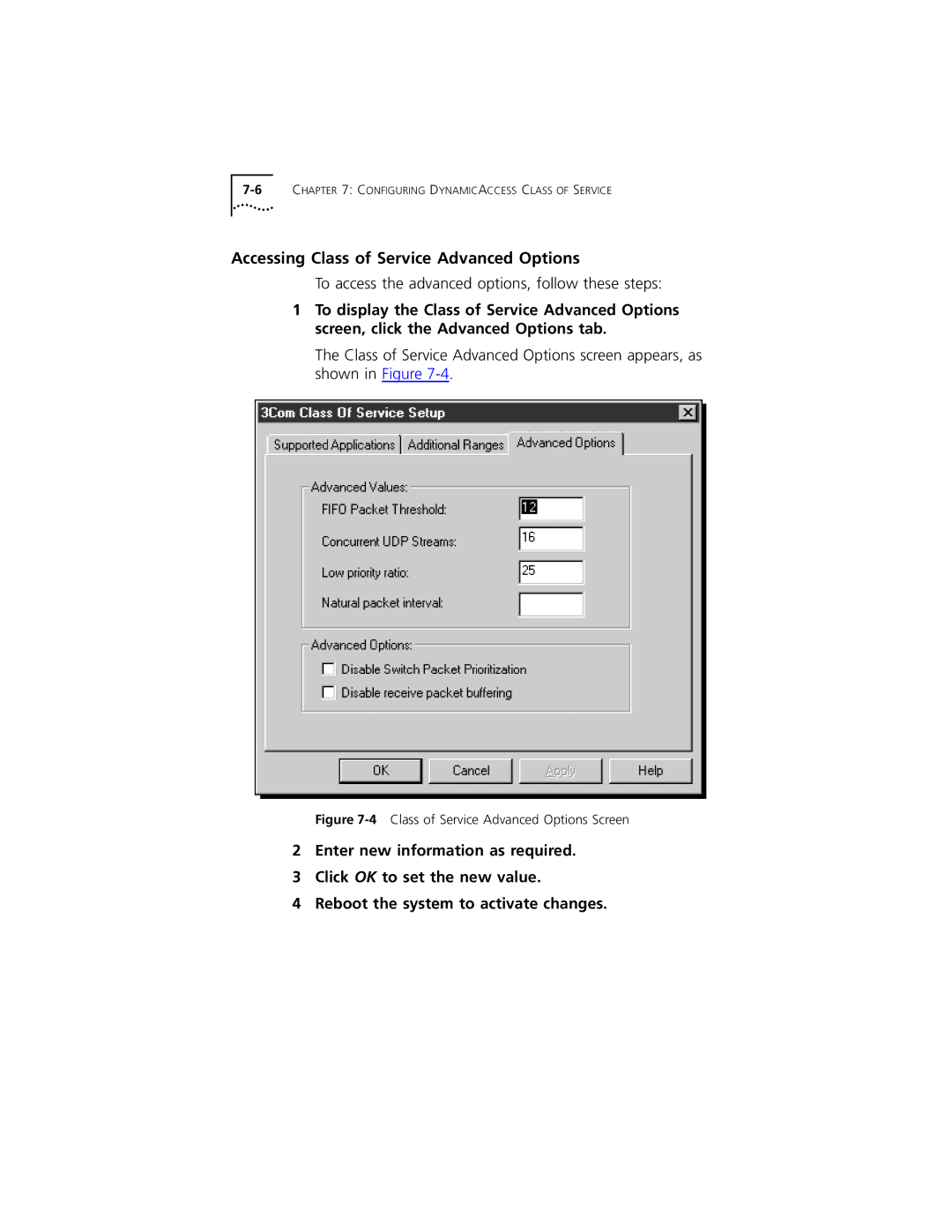 3Com 3C319 manual Accessing Class of Service Advanced Options, 4Class of Service Advanced Options Screen 