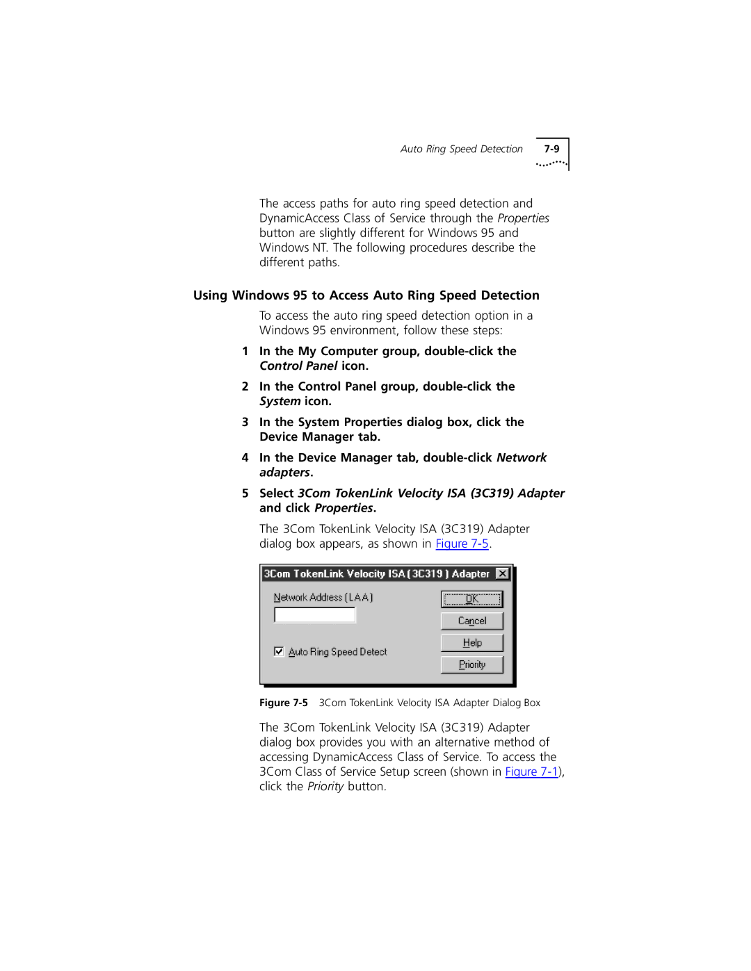 3Com 3C319 manual Using Windows 95 to Access Auto Ring Speed Detection, 53Com TokenLink Velocity ISA Adapter Dialog Box 