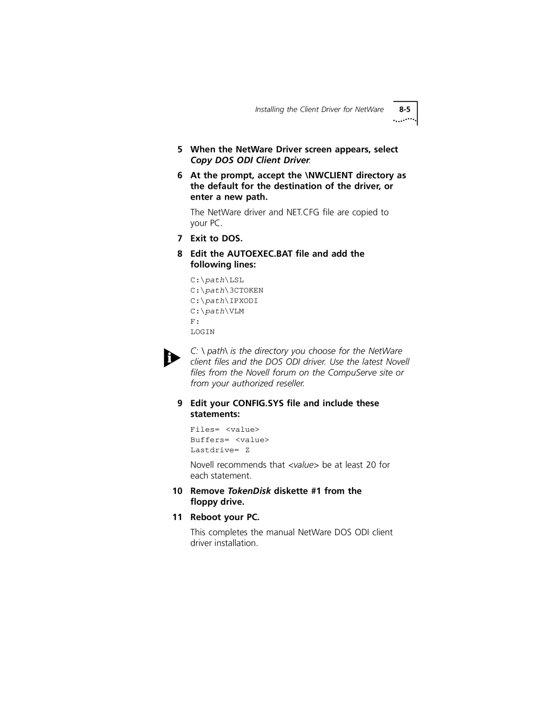 3Com 3C319 manual Edit your CONFIG.SYS ﬁle and include these statements 