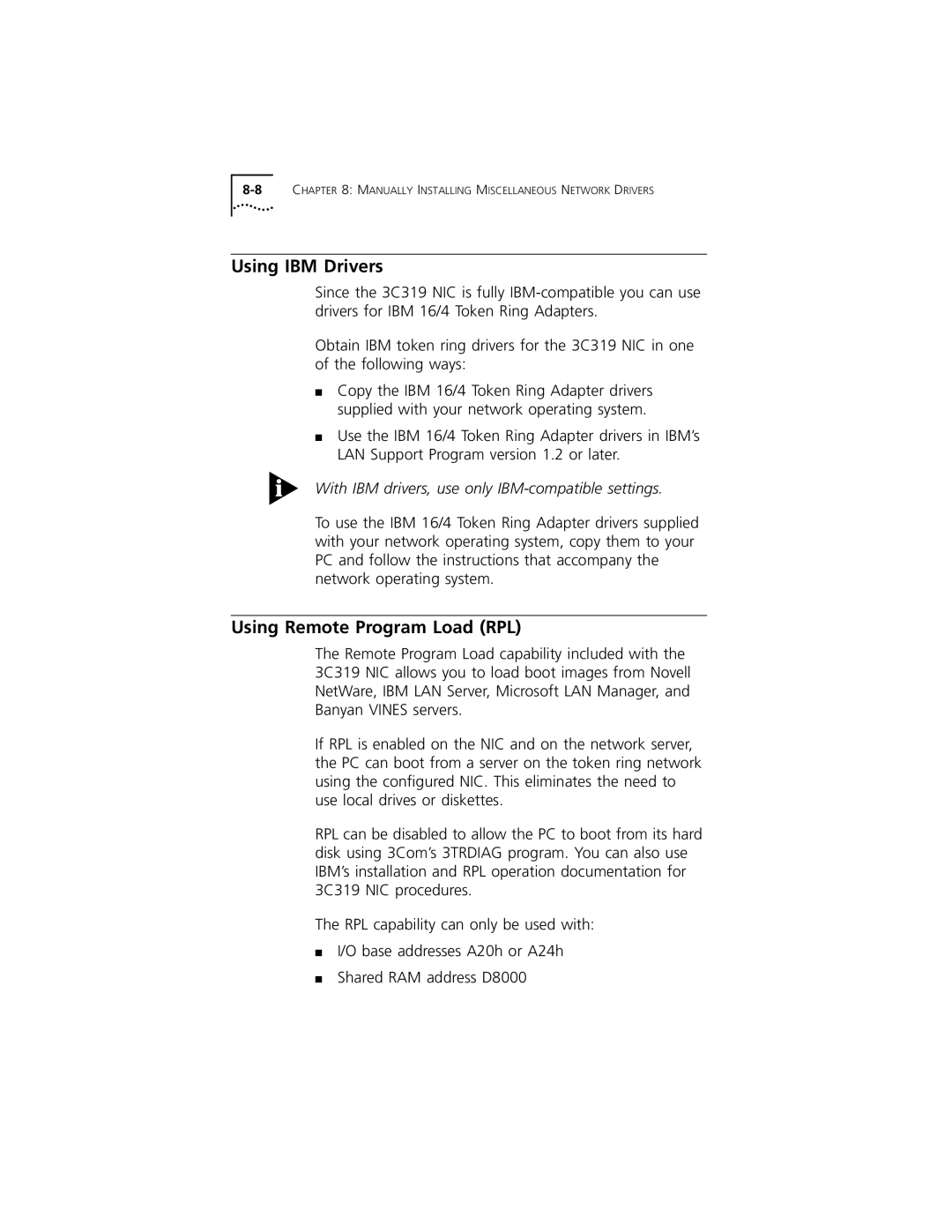 3Com 3C319 manual Using IBM Drivers, Using Remote Program Load RPL 