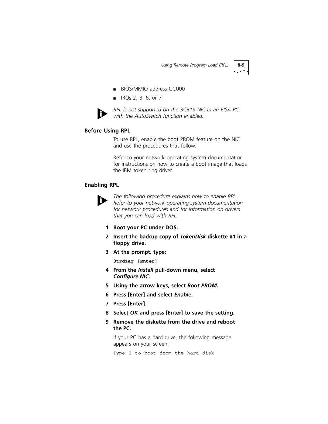 3Com 3C319 manual Before Using RPL, Enabling RPL 