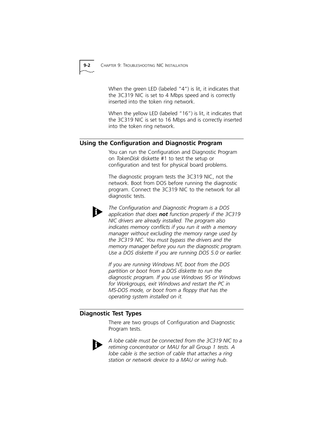 3Com 3C319 manual Using the Conﬁguration and Diagnostic Program, Diagnostic Test Types 