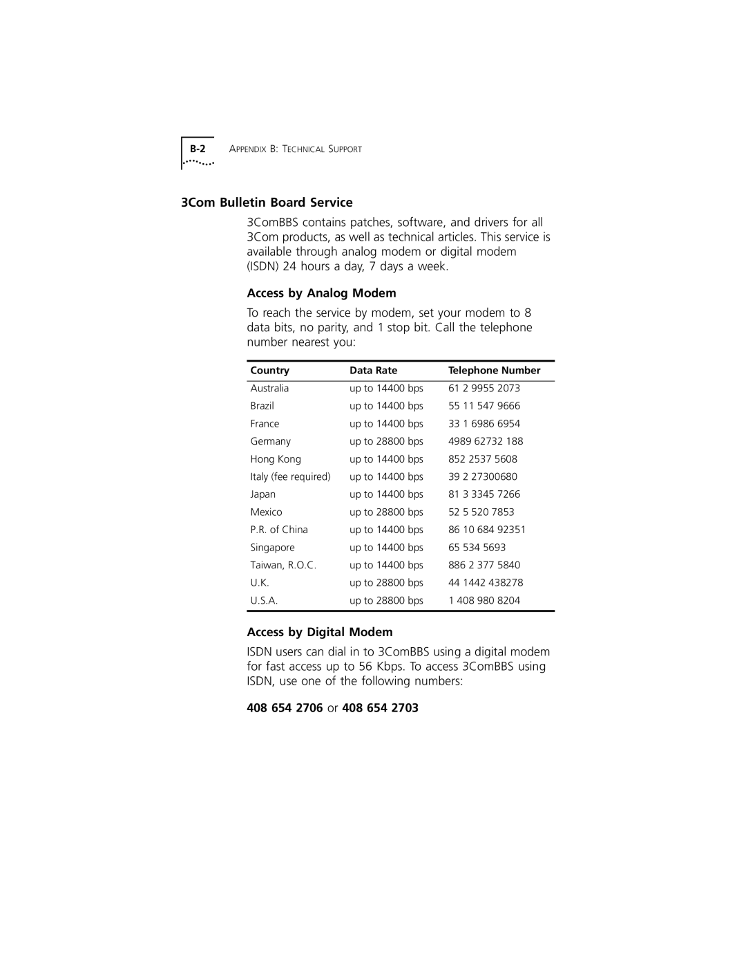 3Com 3C319 manual 3Com Bulletin Board Service, Access by Analog Modem, Access by Digital Modem, 408 654 2706 or 408 654 