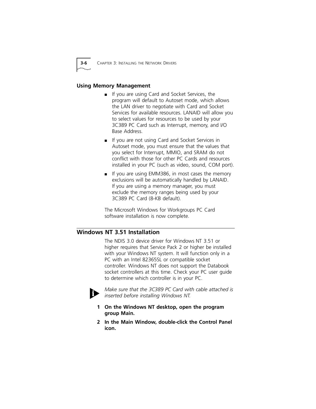 3Com 3C389 manual Windows NT 3.51 Installation, Using Memory Management 