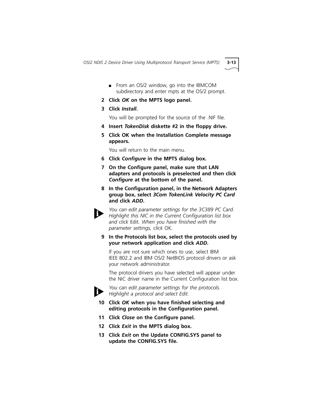 3Com 3C389 manual Click OK on the Mpts logo panel Click Install 