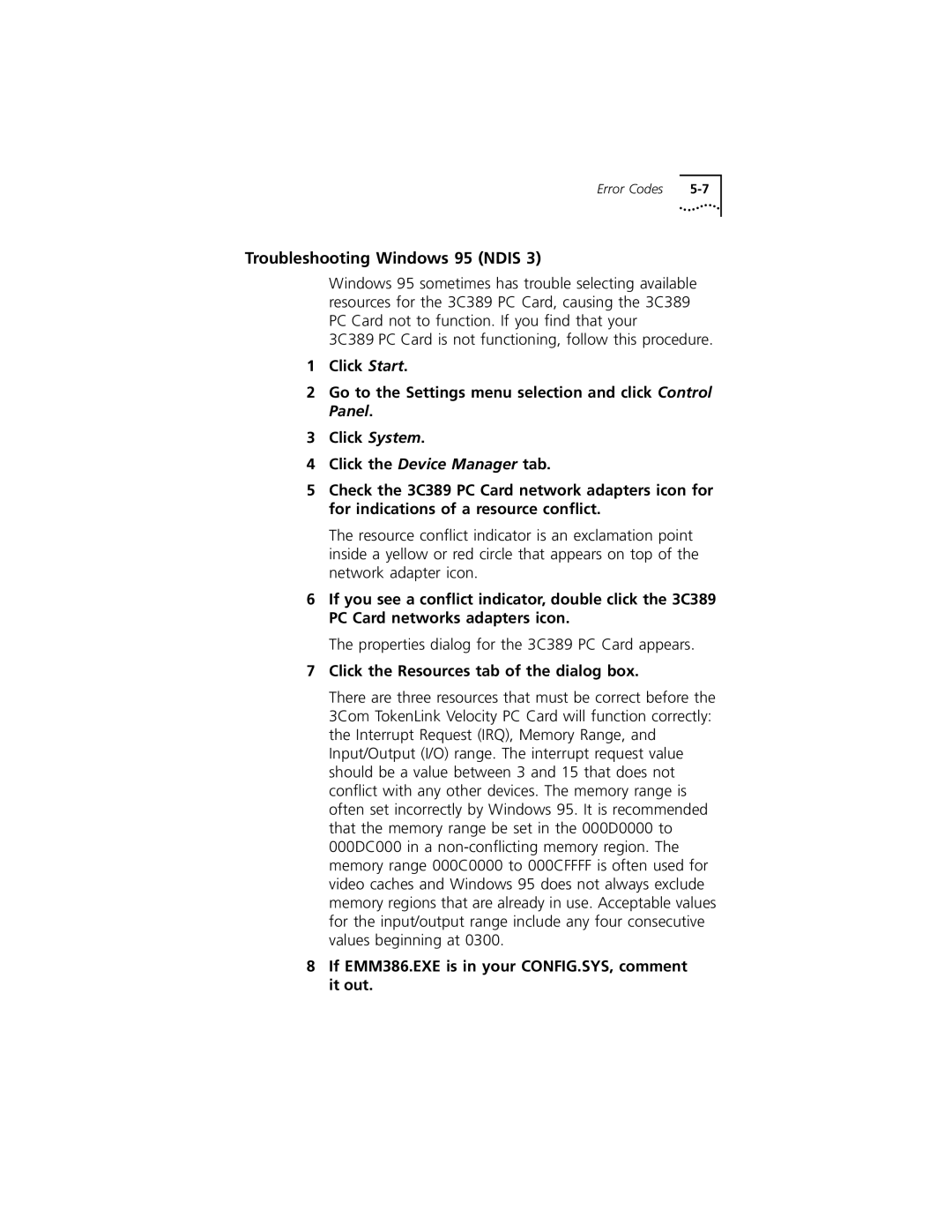 3Com 3C389 manual Troubleshooting Windows 95 Ndis, Click the Resources tab of the dialog box 