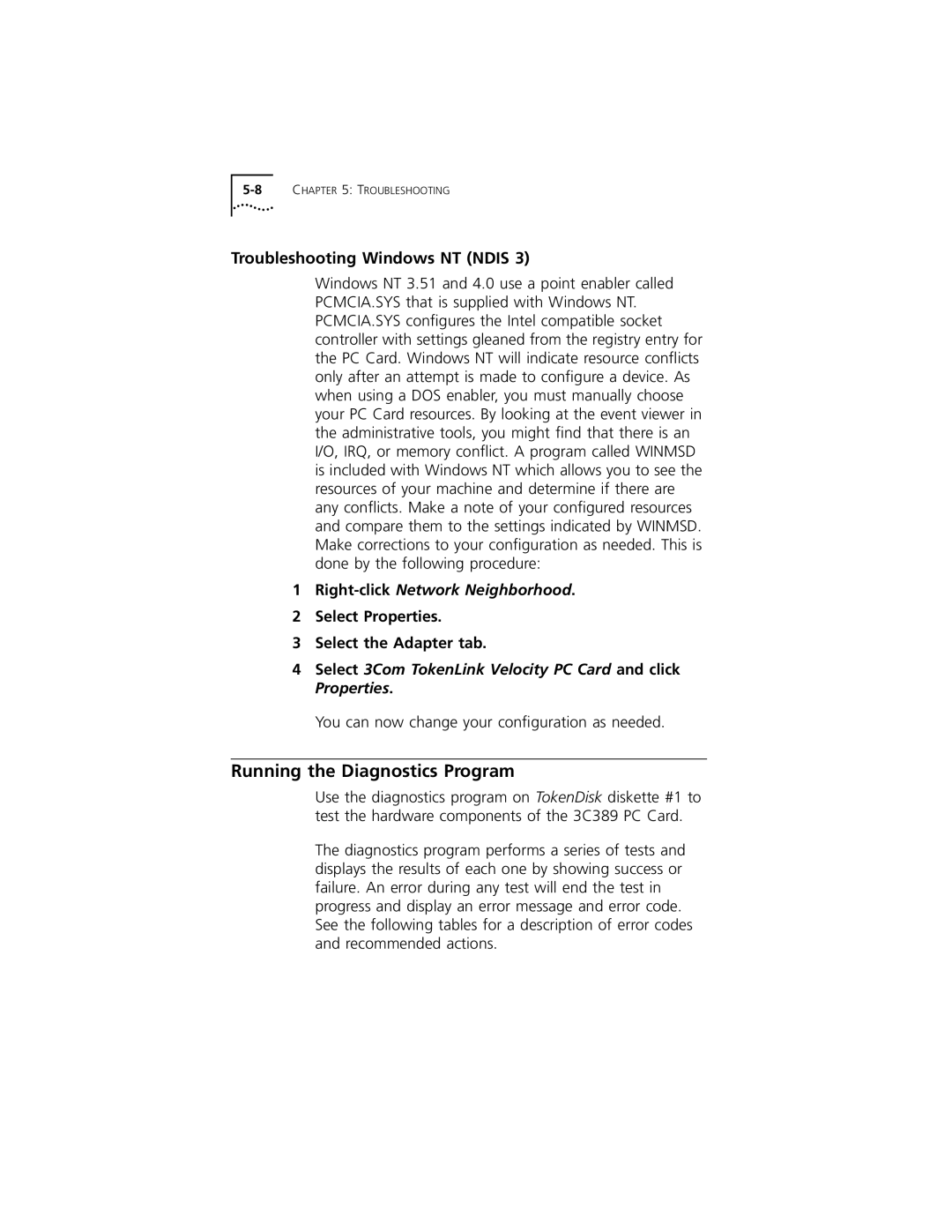 3Com 3C389 Running the Diagnostics Program, Troubleshooting Windows NT Ndis, Select Properties Select the Adapter tab 