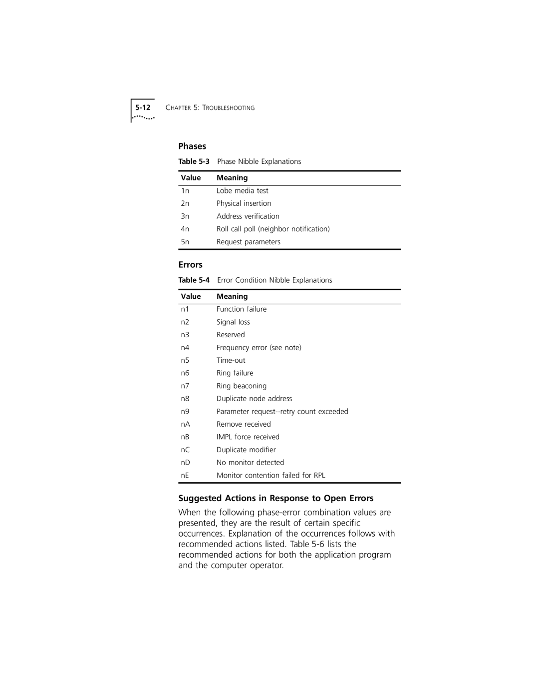 3Com 3C389 manual Phases, Suggested Actions in Response to Open Errors, Value Meaning 