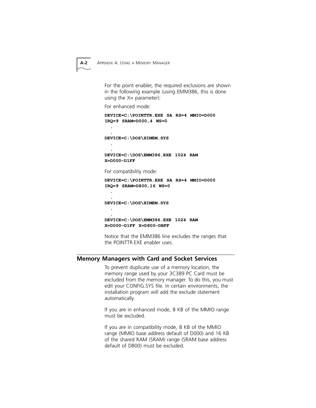 3Com 3C389 manual Memory Managers with Card and Socket Services, For compatibility mode 