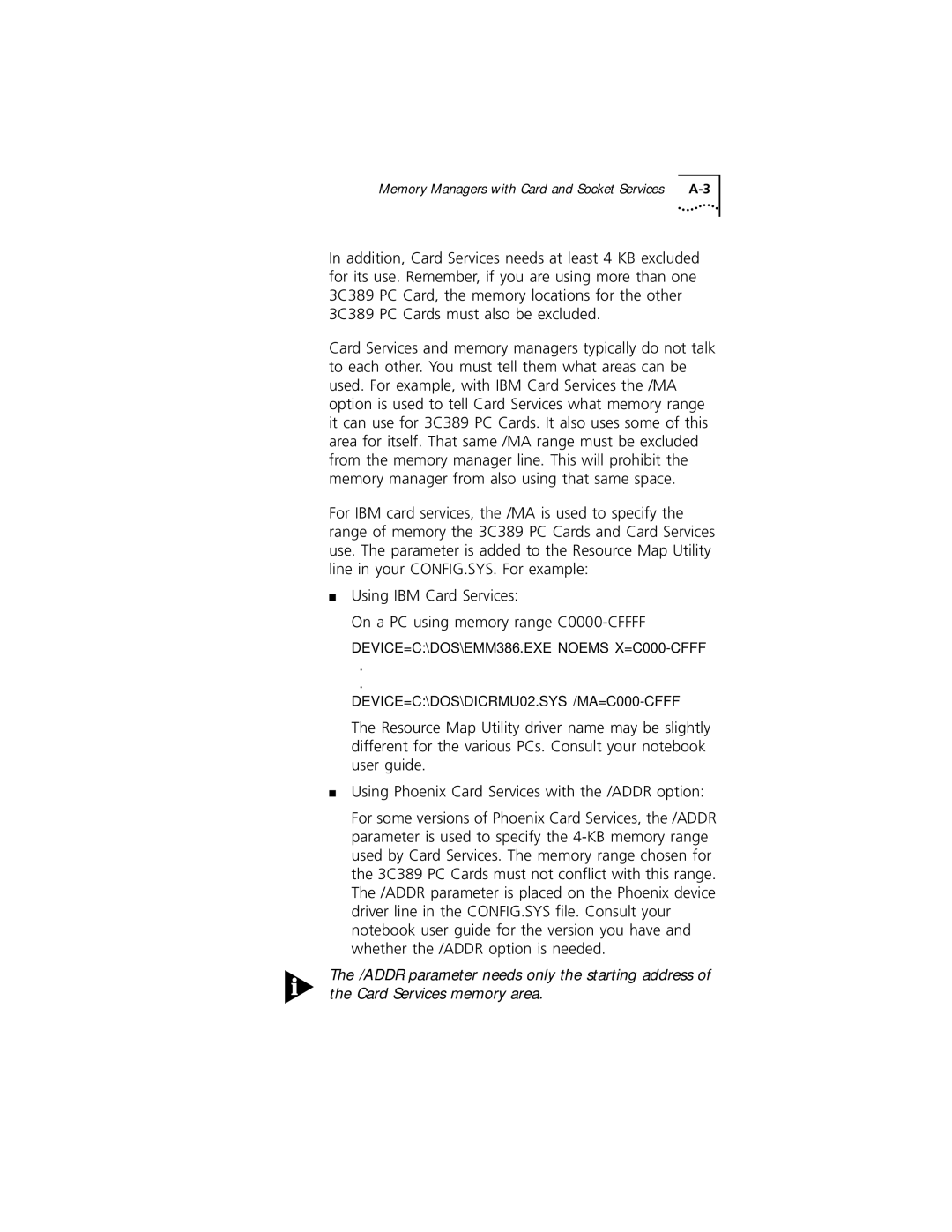 3Com 3C389 manual Memory Managers with Card and Socket Services 