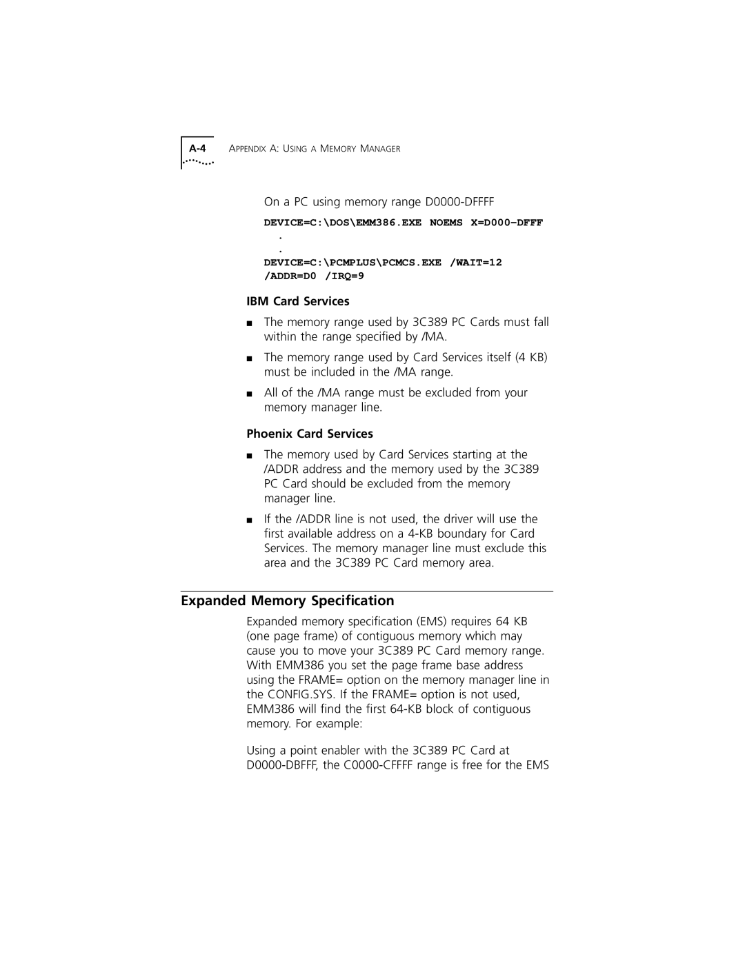 3Com 3C389 manual Expanded Memory Speciﬁcation, IBM Card Services, Phoenix Card Services 