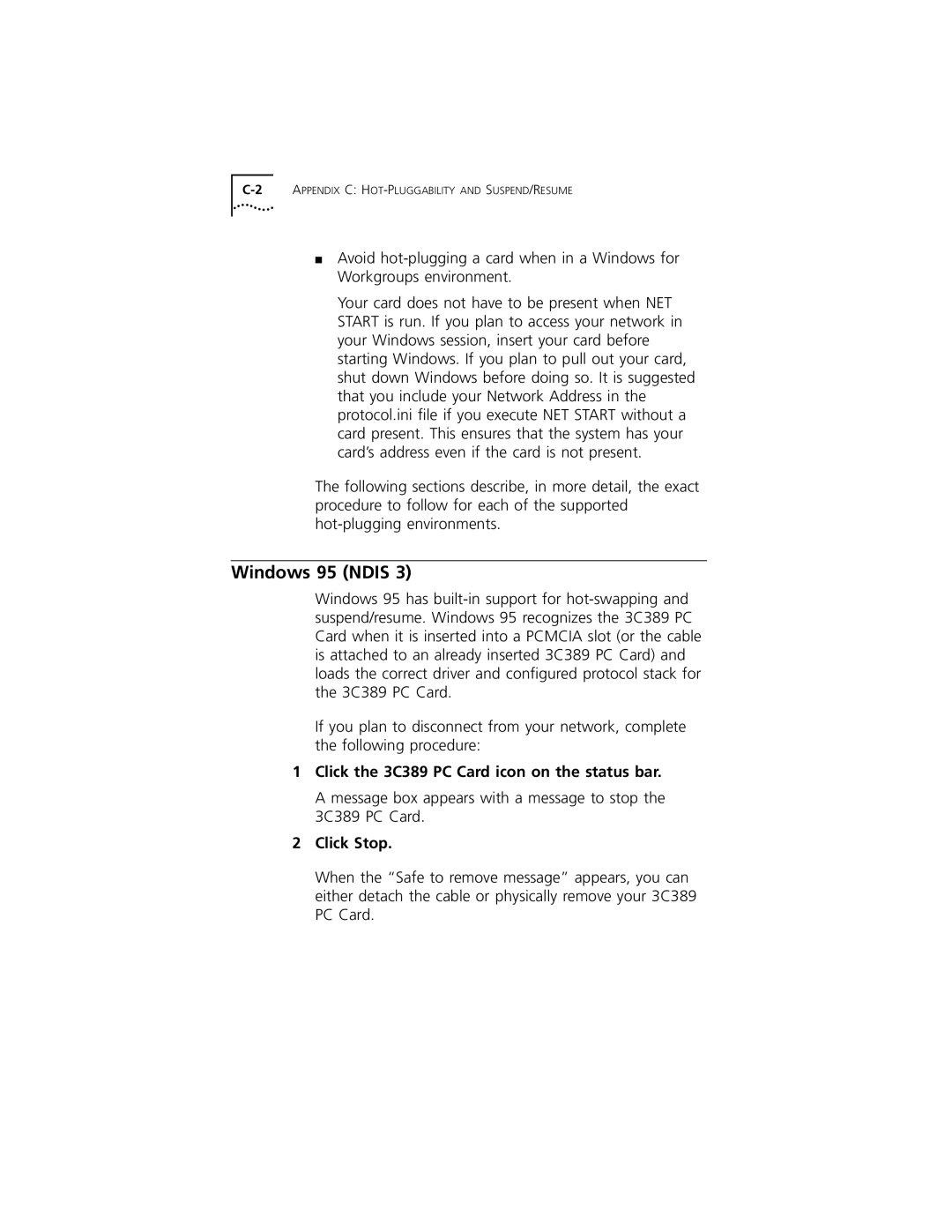 3Com manual Windows 95 Ndis, Click the 3C389 PC Card icon on the status bar, Click Stop 