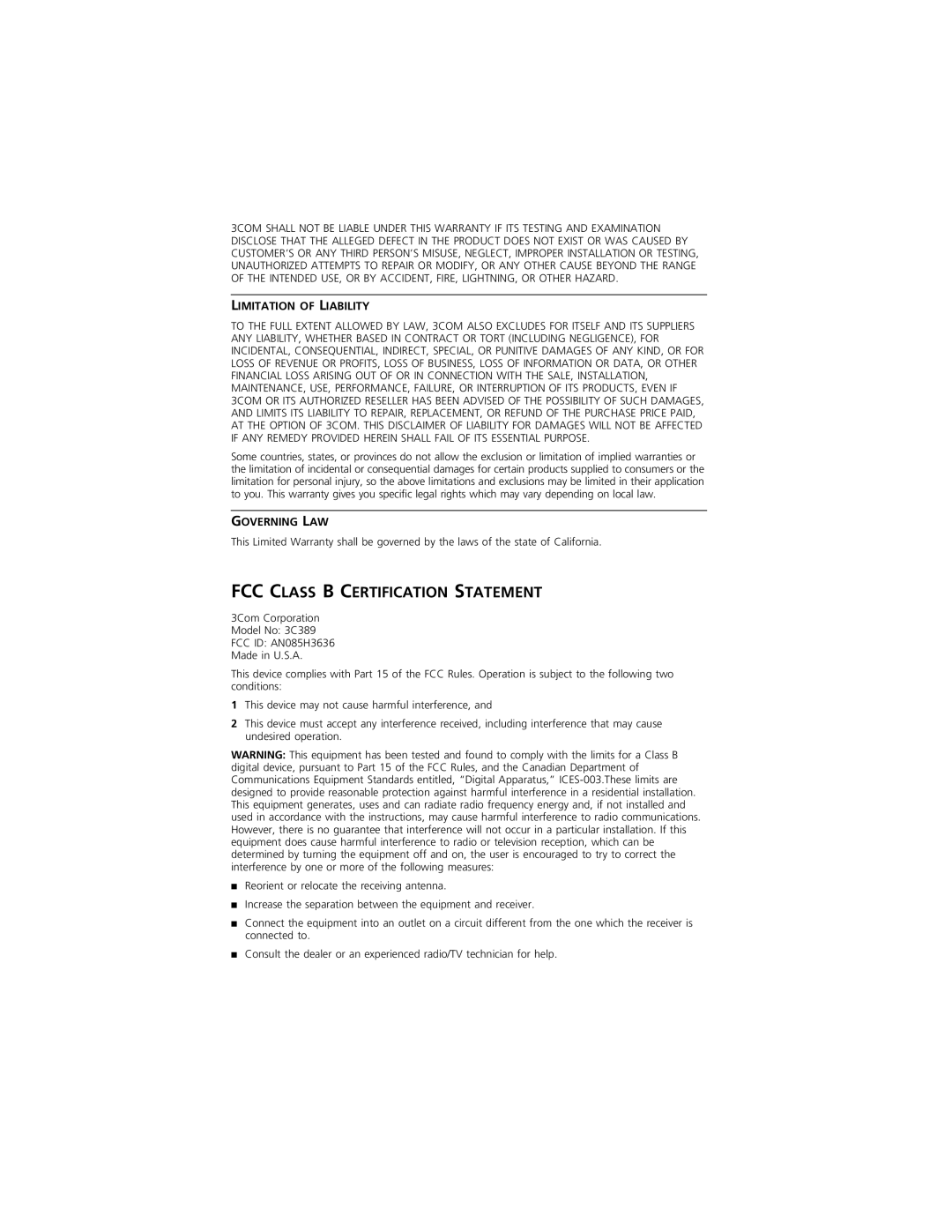 3Com 3C389 manual FCC Class B Certification Statement 