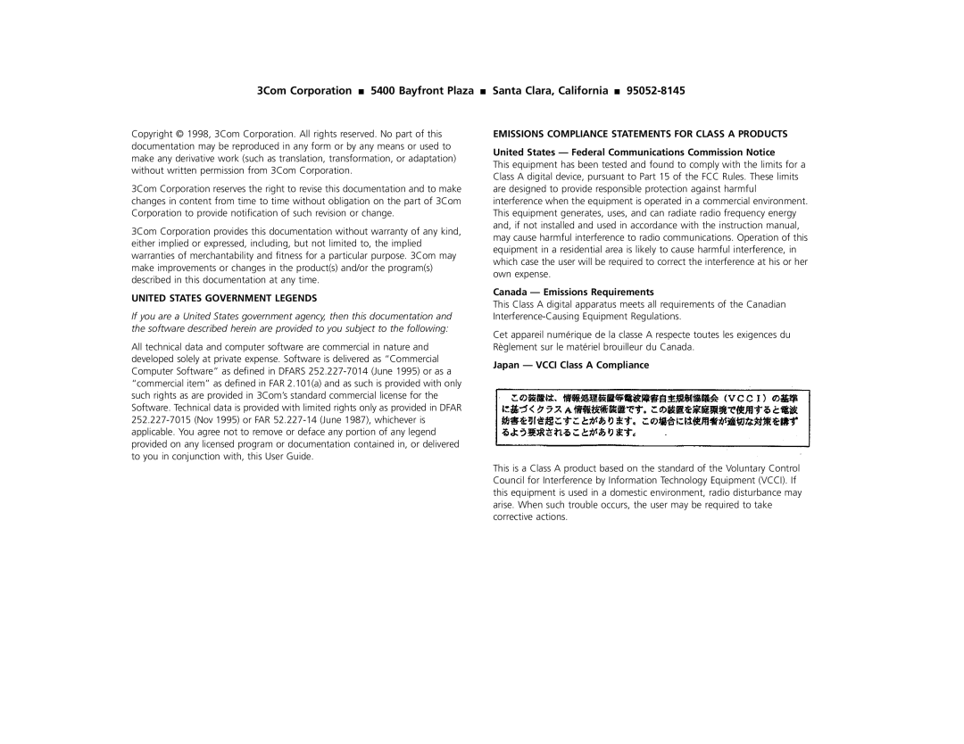 3Com 10005622, 3C39036, 3C39024 manual United States Federal Communications Commission Notice, Canada Emissions Requirements 