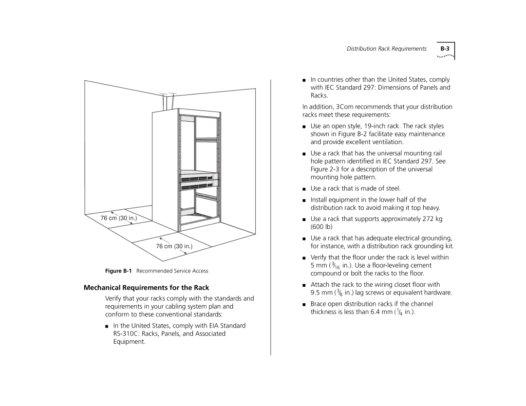 3Com 10005622, 3C39036, 3C39024 manual Mechanical Requirements for the Rack, Figure B-1Recommended Service Access 