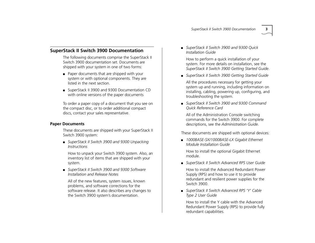 3Com 3C39036, 3C39024, 10005622 manual SuperStack II Switch 3900 Documentation, Paper Documents 