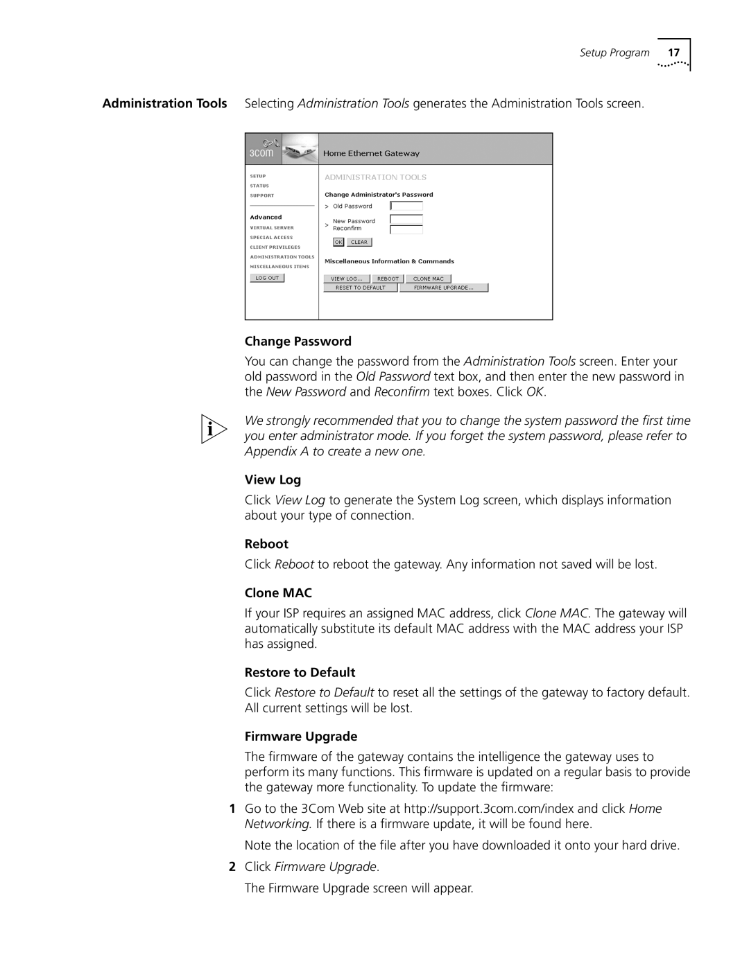 3Com 3C510 manual Change Password, View Log, Reboot, Clone MAC, Restore to Default, Firmware Upgrade 