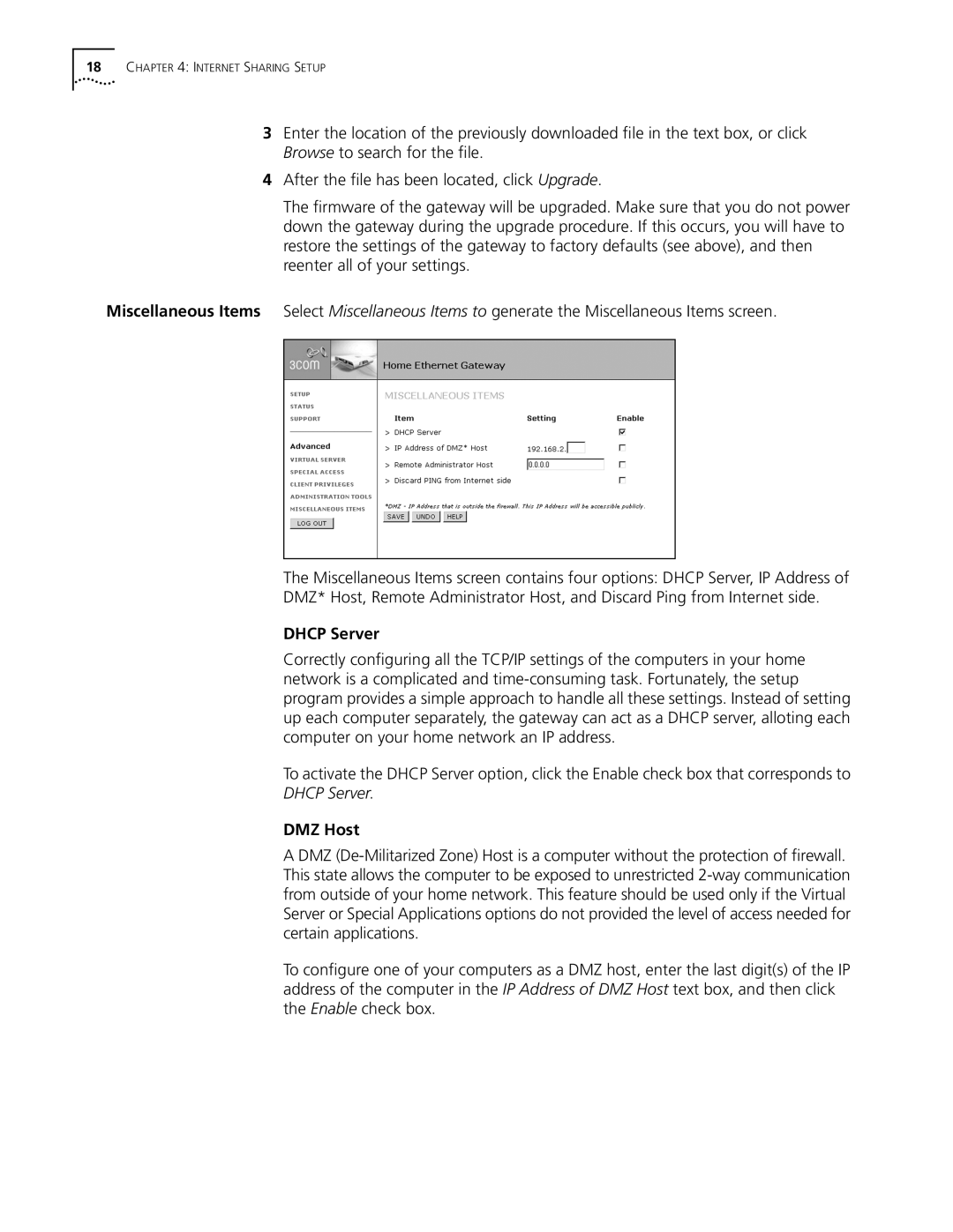 3Com 3C510 manual Dhcp Server, DMZ Host 