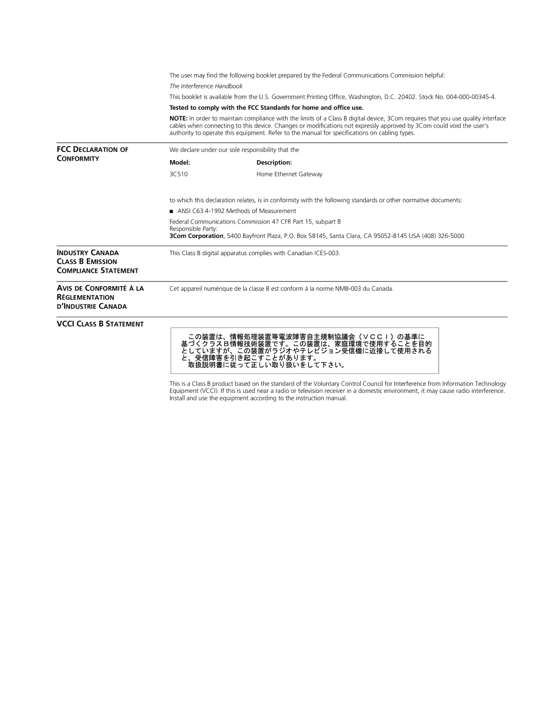 3Com 3C510 manual Industry Canada 