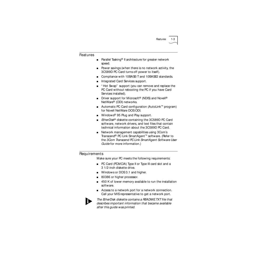 3Com 3C589D manual Features, Requirements 