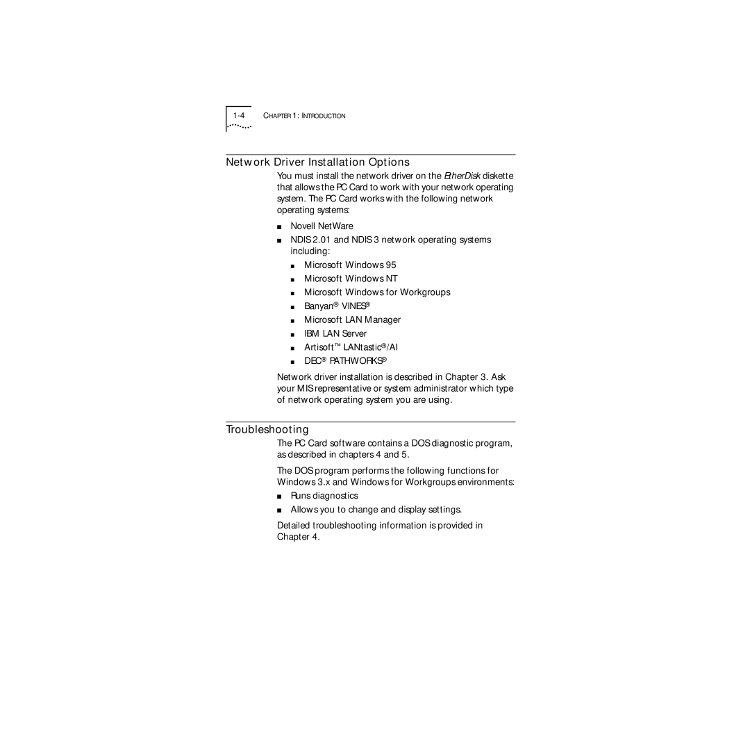 3Com 3C589D manual Network Driver Installation Options, Troubleshooting 