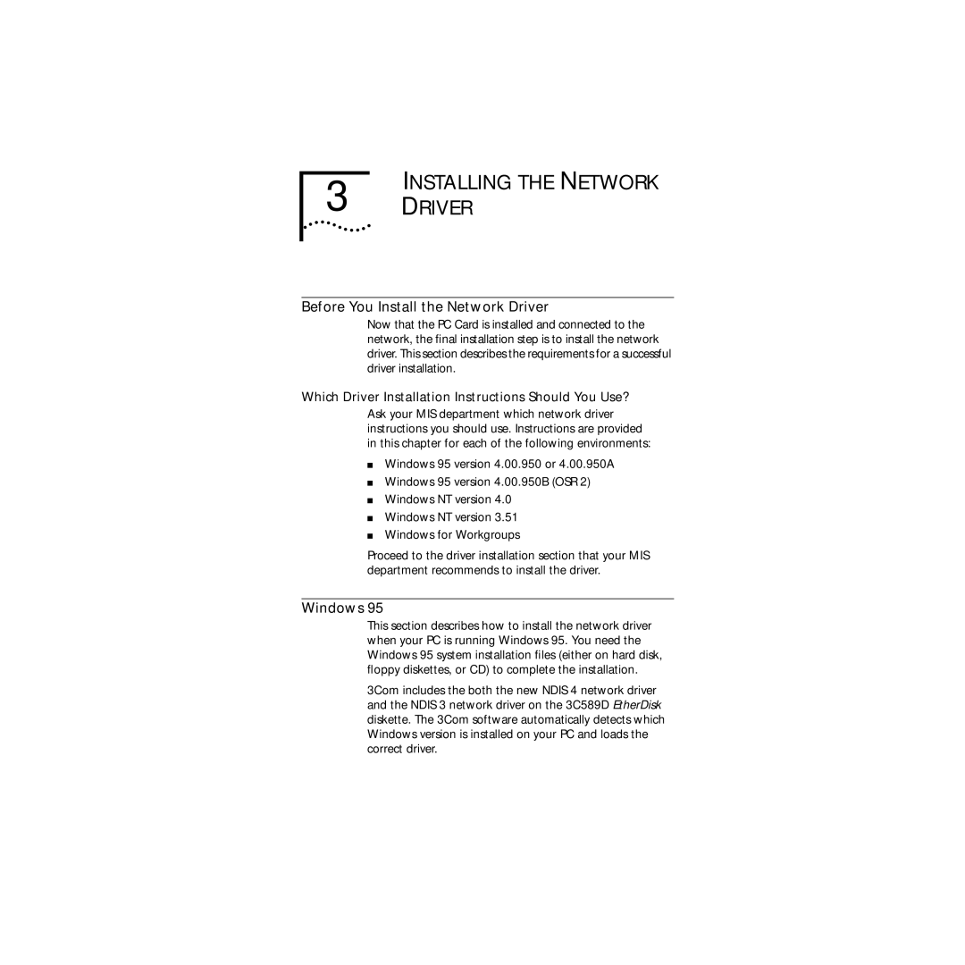 3Com 3C589D manual Installing the Network Driver, Before You Install the Network Driver, Windows 