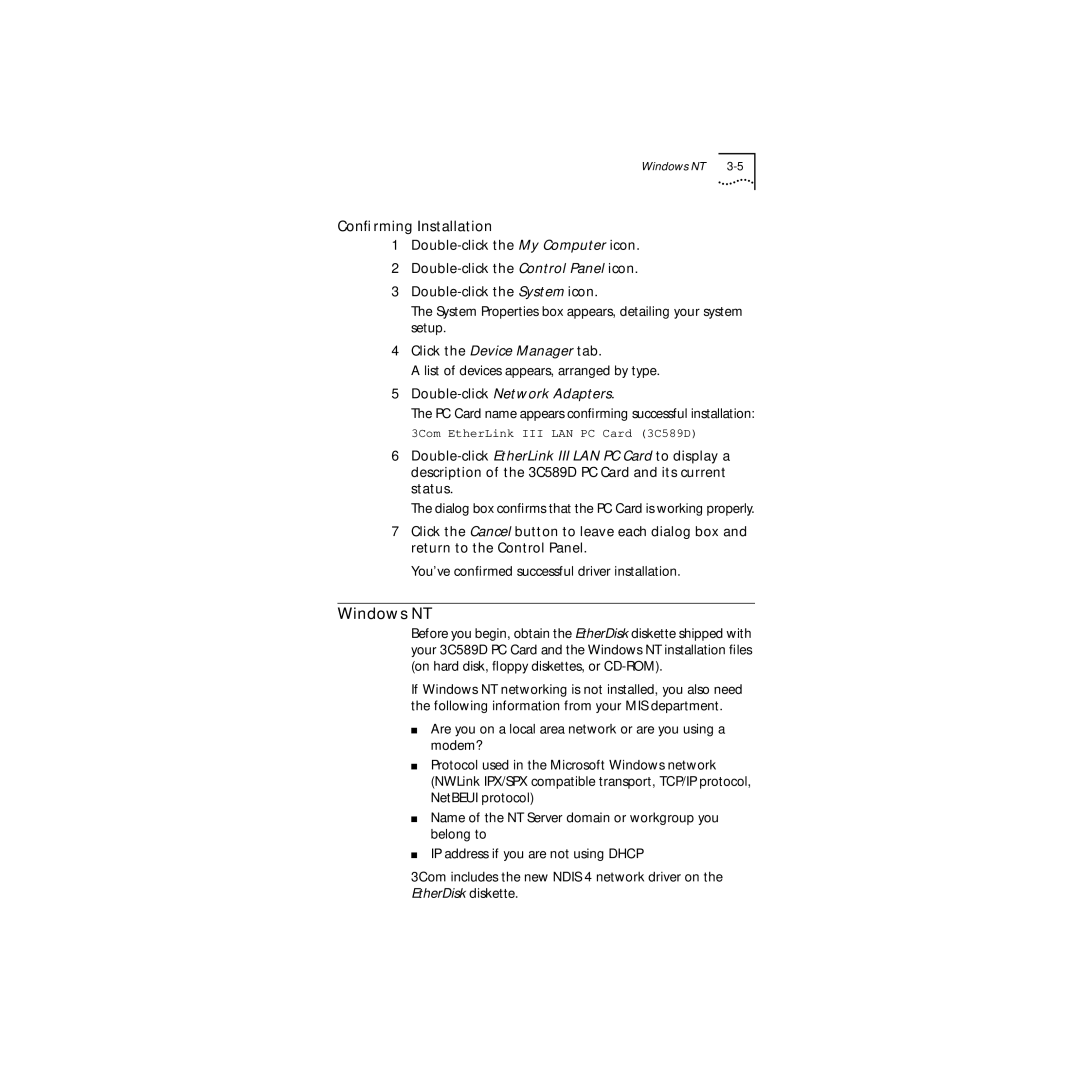 3Com 3C589D manual Windows NT, Conﬁrming Installation 