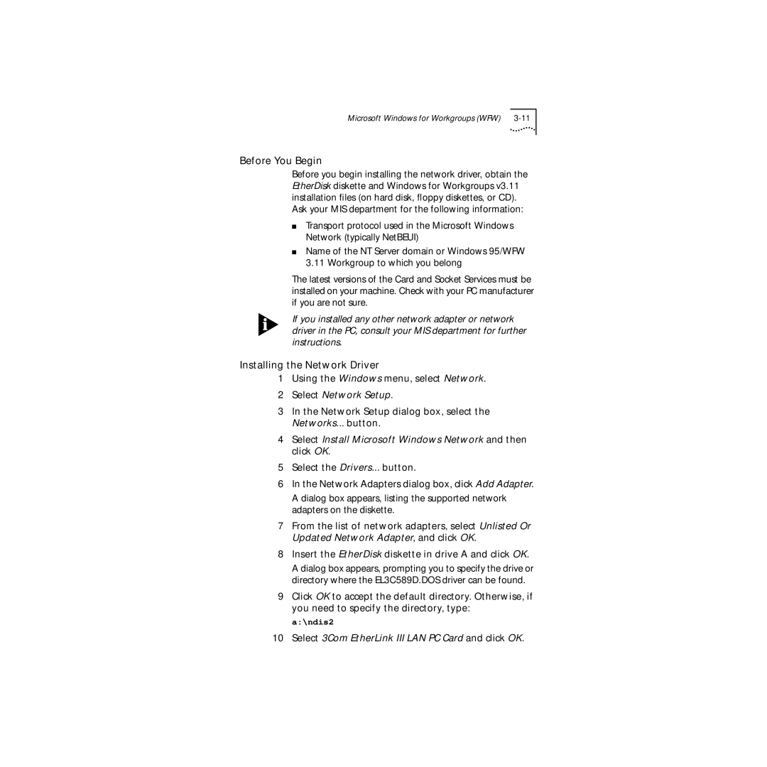 3Com 3C589D manual Before You Begin, Installing the Network Driver, Using the Windows menu, select Network 