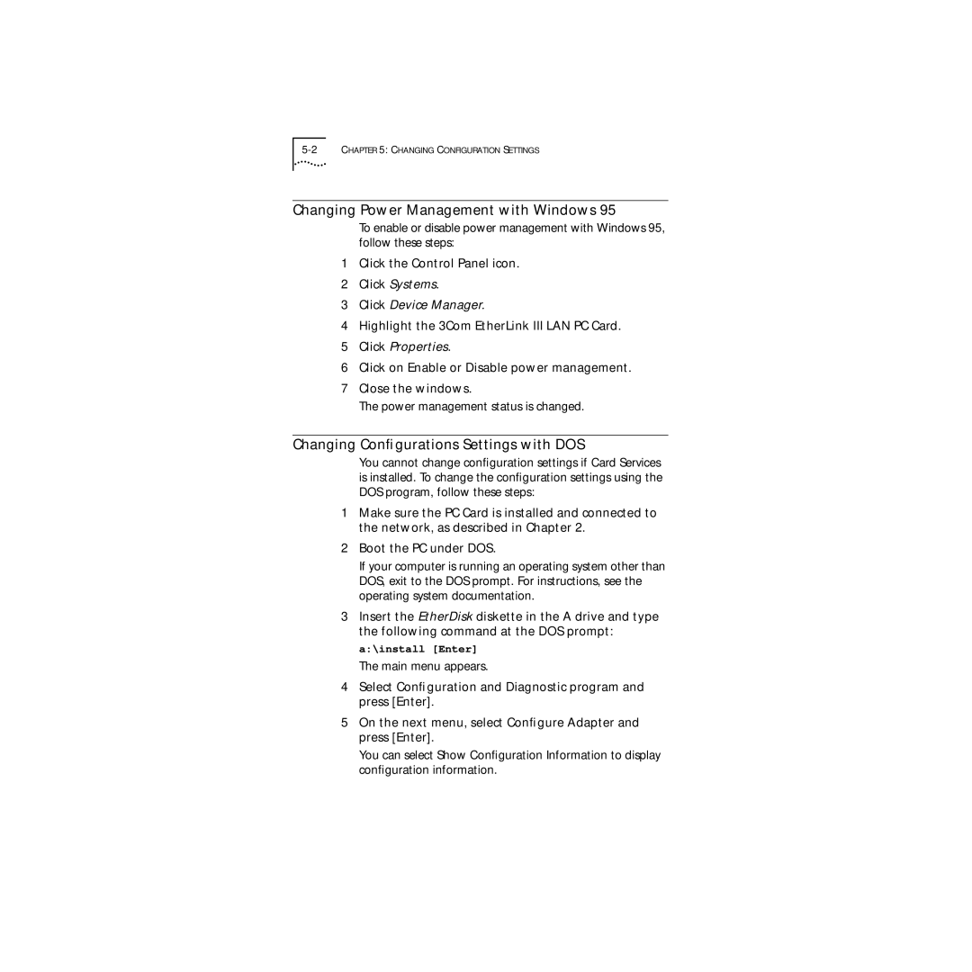 3Com 3C589D manual Changing Power Management with Windows, Changing Conﬁgurations Settings with DOS 