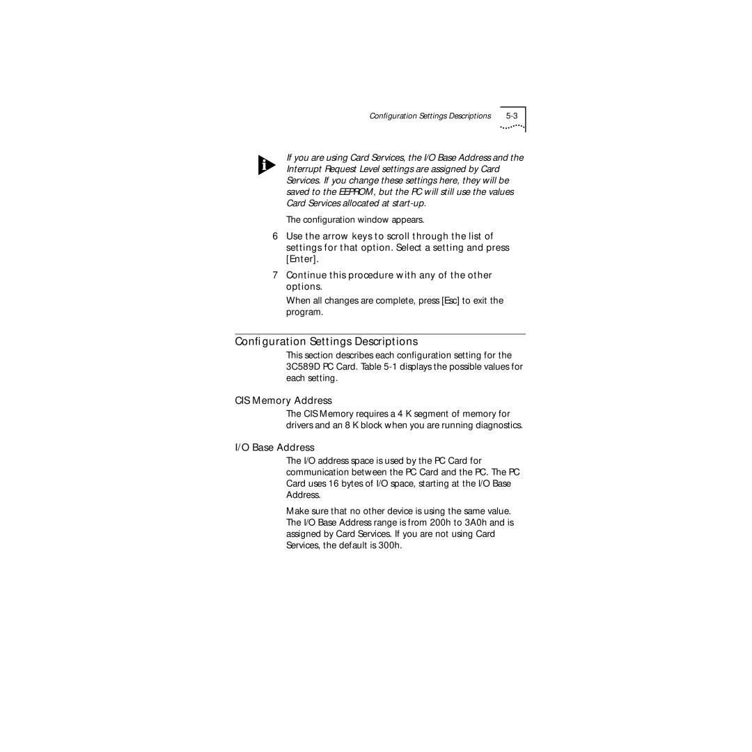 3Com 3C589D manual Conﬁguration Settings Descriptions, CIS Memory Address, Base Address 