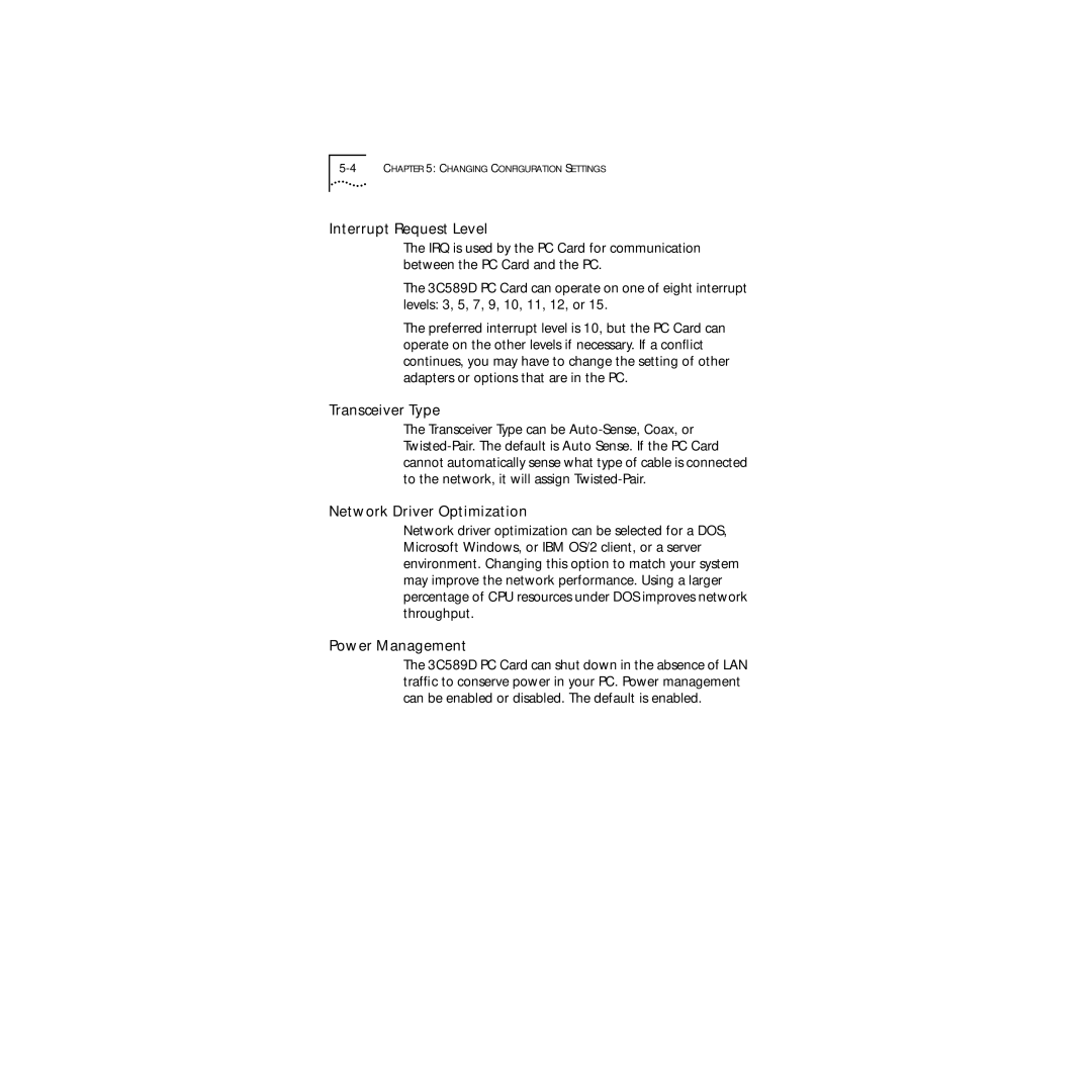 3Com 3C589D manual Interrupt Request Level, Transceiver Type, Network Driver Optimization, Power Management 