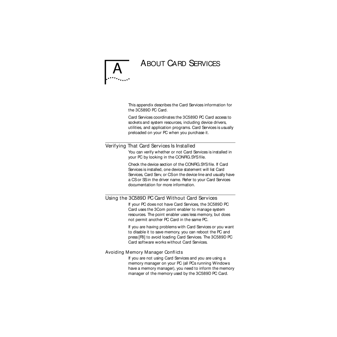 3Com manual Verifying That Card Services Is Installed, Using the 3C589D PC Card Without Card Services 