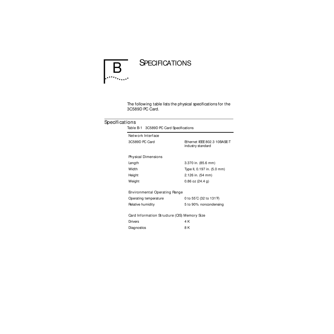 3Com 3C589D manual Specifications, Speciﬁcations 