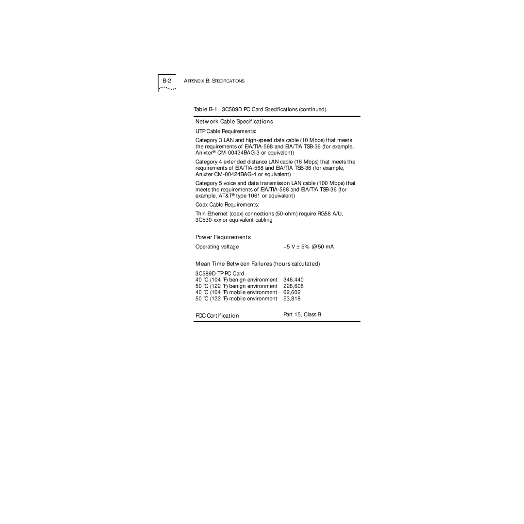 3Com 3C589D manual Power Requirements 