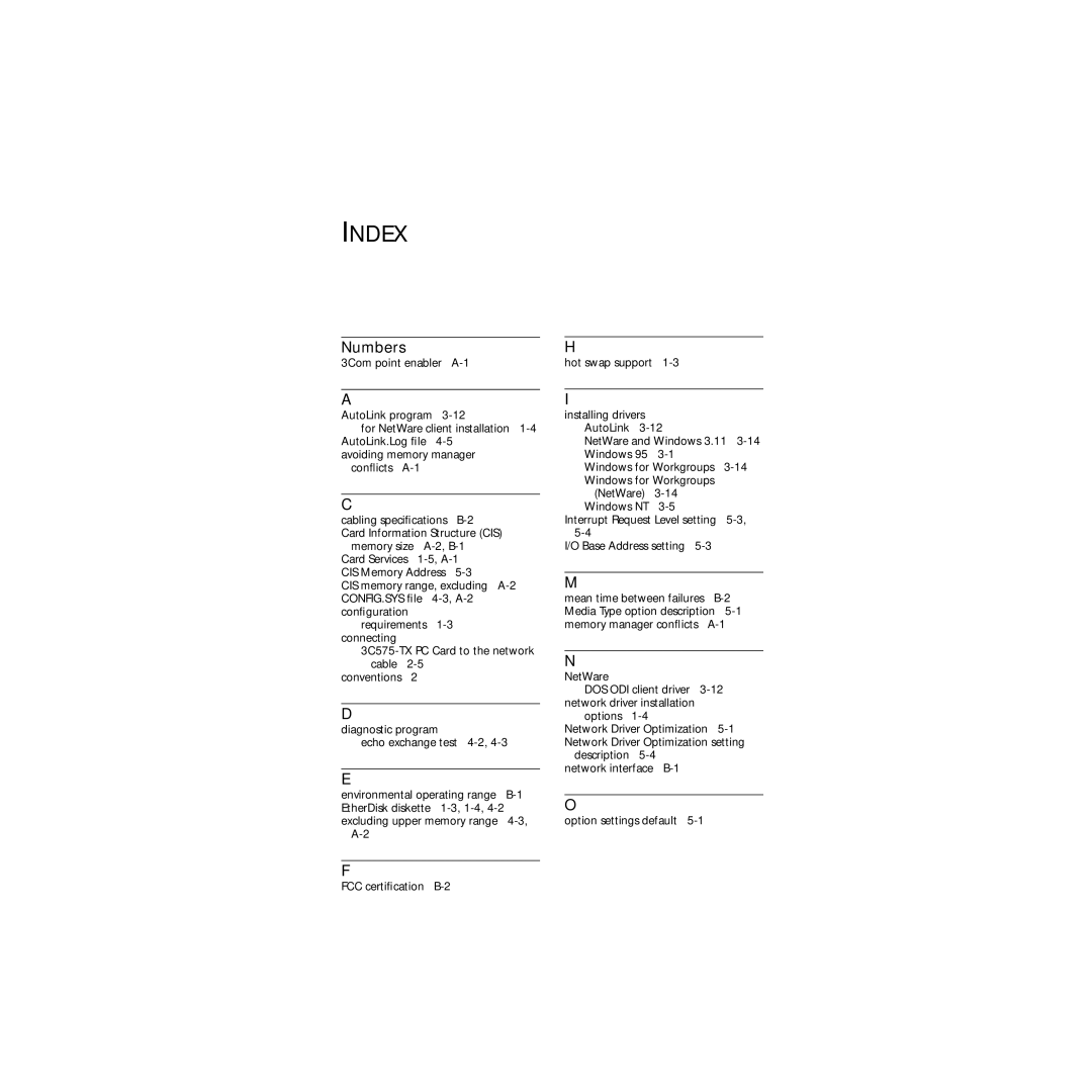 3Com 3C589D manual Index, Numbers 